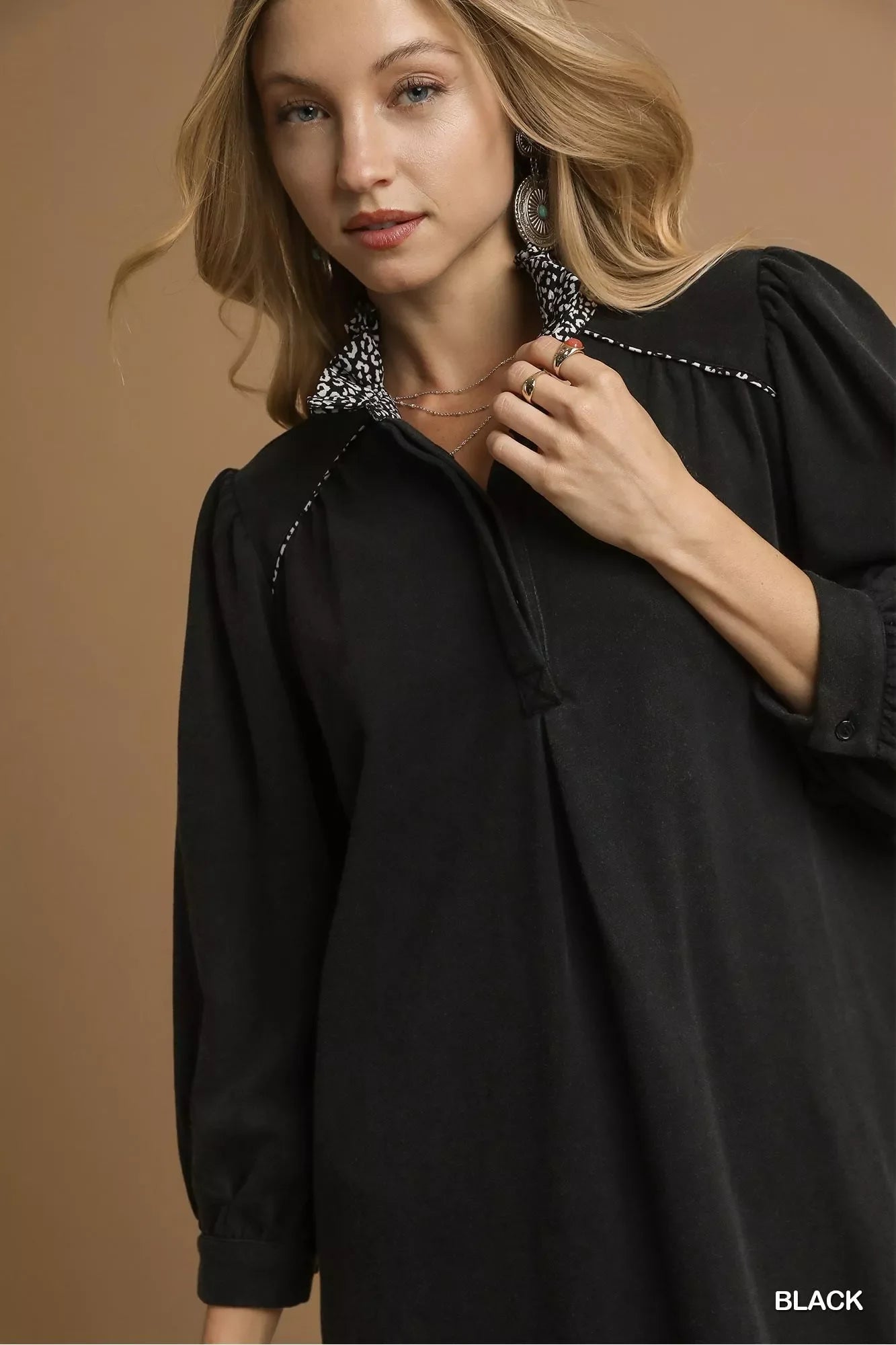 Umgee French Terry Balloon Sleeve Shift Dress with Leopard Print Detail West2East Surf