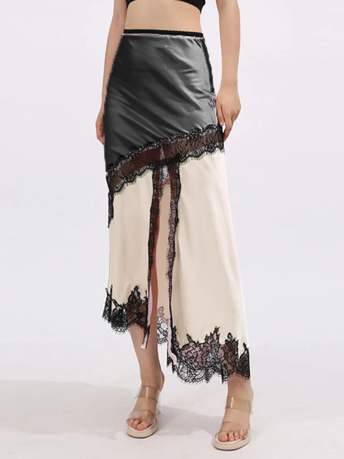 Lace Trim Asymmetrical Midi Skirt See size chart under “more details” The Fashion Celestial