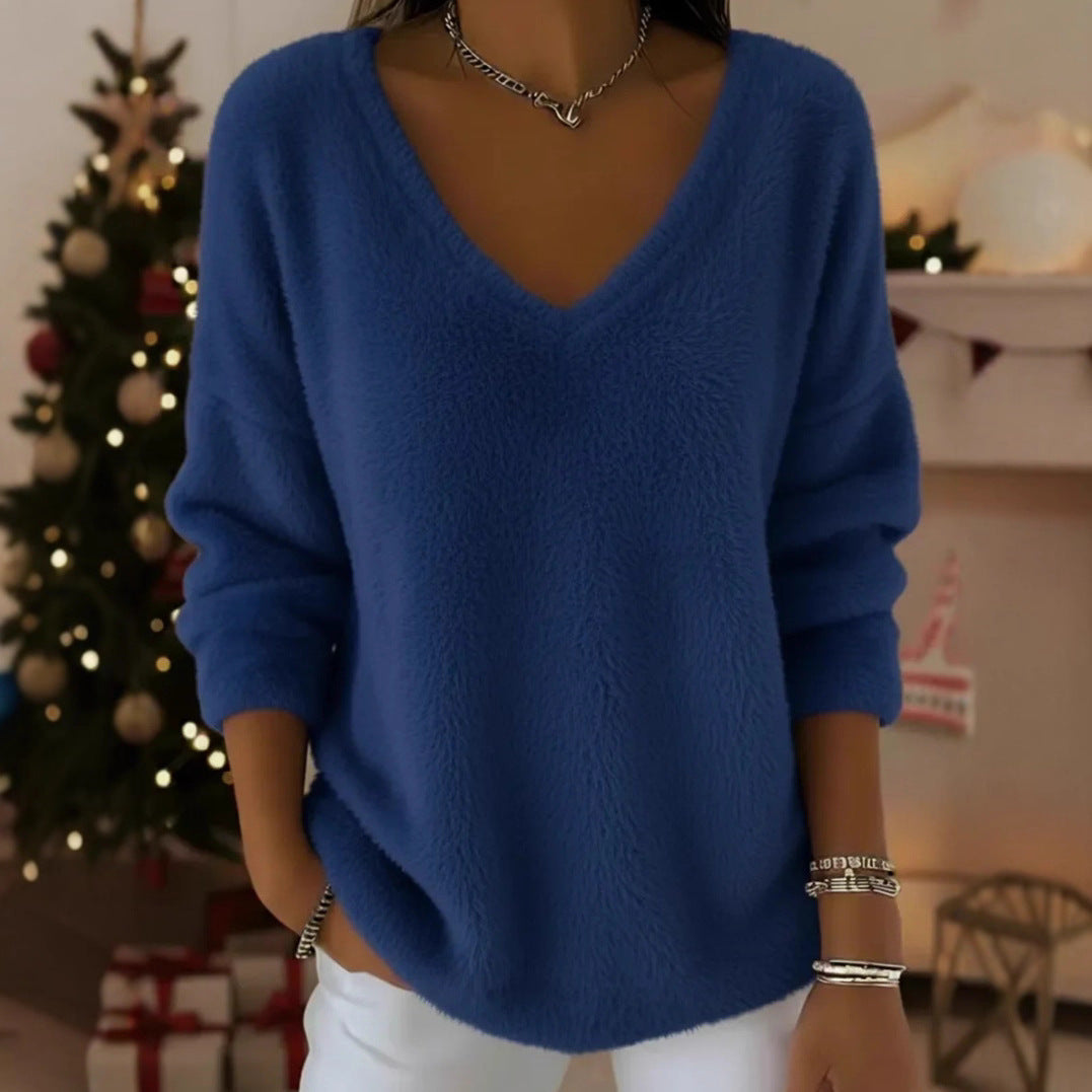 Women’s Plush V Neck Drop Shoulder Pullover Sweater FitiqueFit