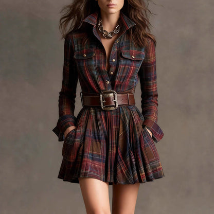 Women's Elegant Plaid Long Sleeve Mini Dress | Belted FitiqueFit