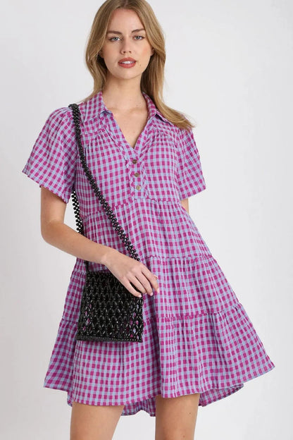 Umgee Full Size Gingham Tiered Button Detail Short Sleeve Dress Plus Size West2East Surf