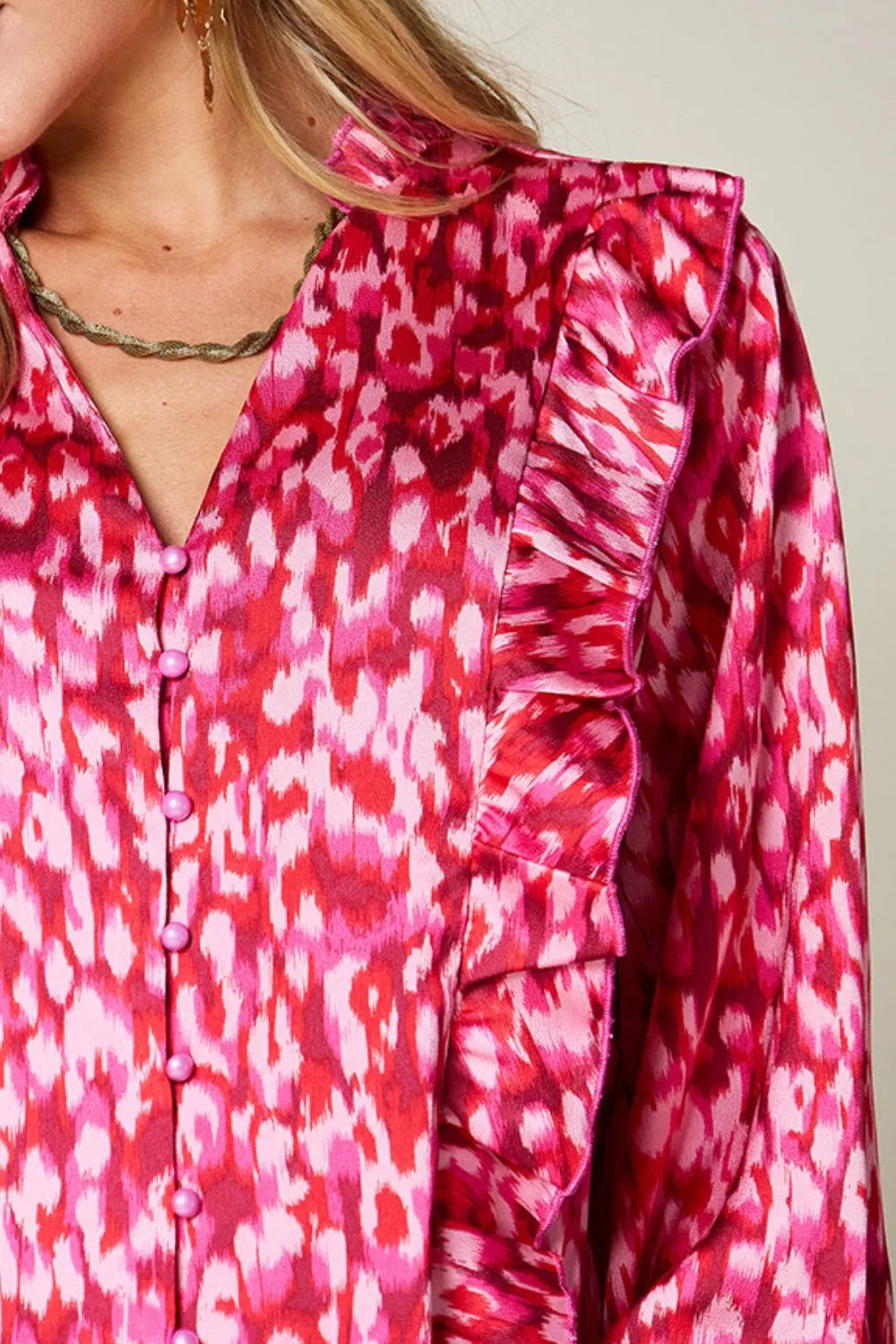 Double Take Full Size Printed Ruffle Trim Balloon Sleeve Shirt New Era Fashion LLc