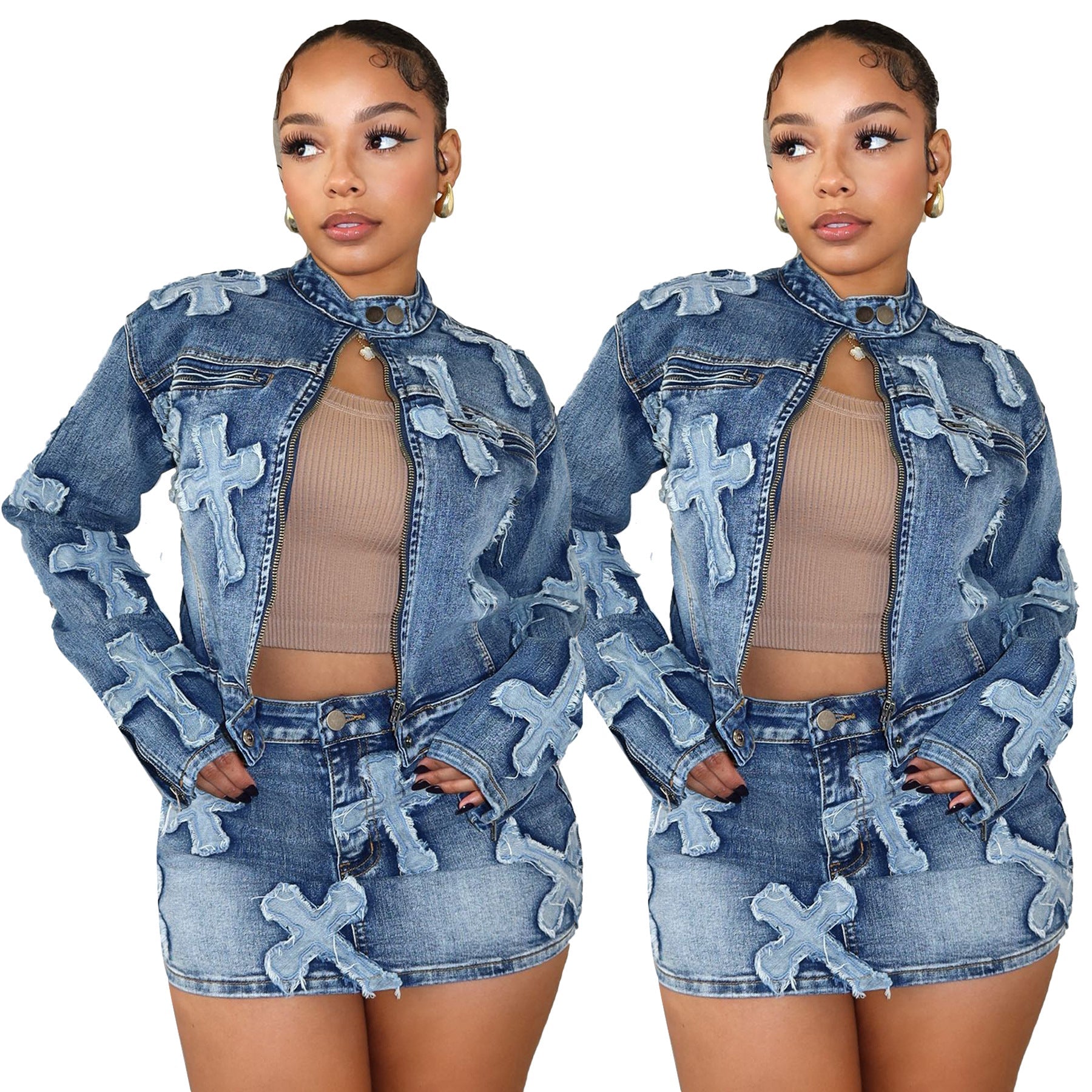 Denim Embroidered Short Skirt Jacket Suits Suit See size chart under “more details” The Fashion Celestial