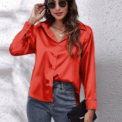 Hot Style In-Kind Shooting Satin Shirt Women'S Satin Imitation Long-Sleeved Shirt New European And American Cross-Border Women'S Clothing NovaCart
