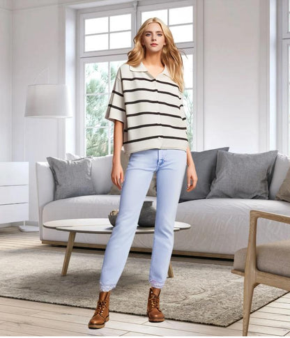 Women’s Knit Button Cardigan with Striped Short Sleeves FitiqueFit