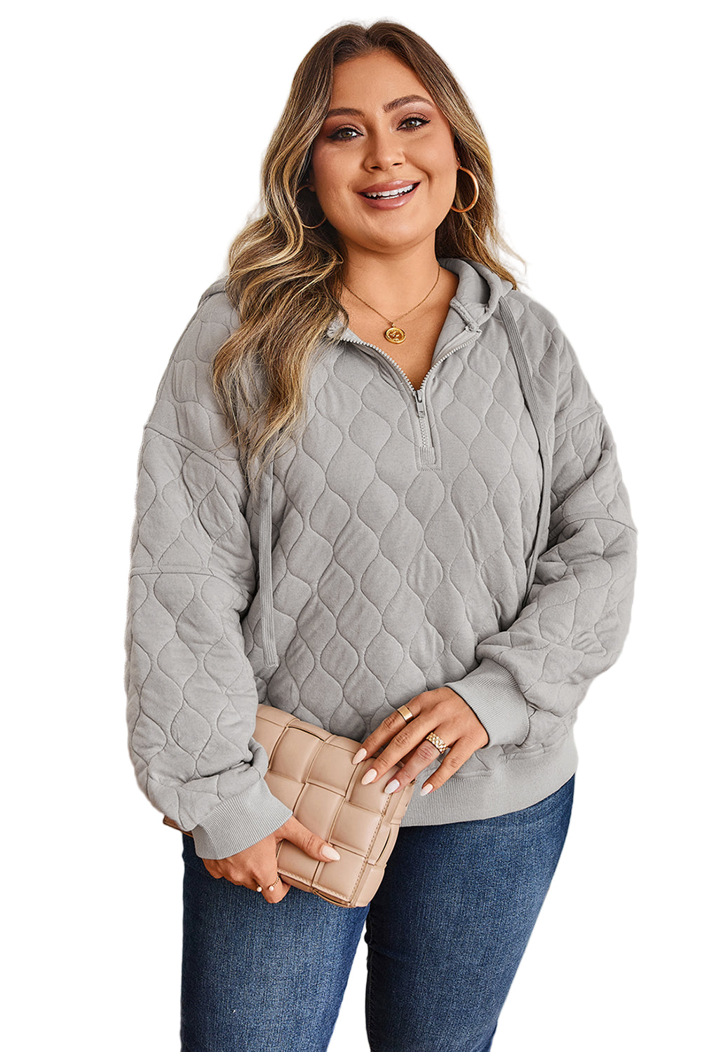 Gray Quilted Quarter Zip Plus Size Hoodie Garden Naked Curves
