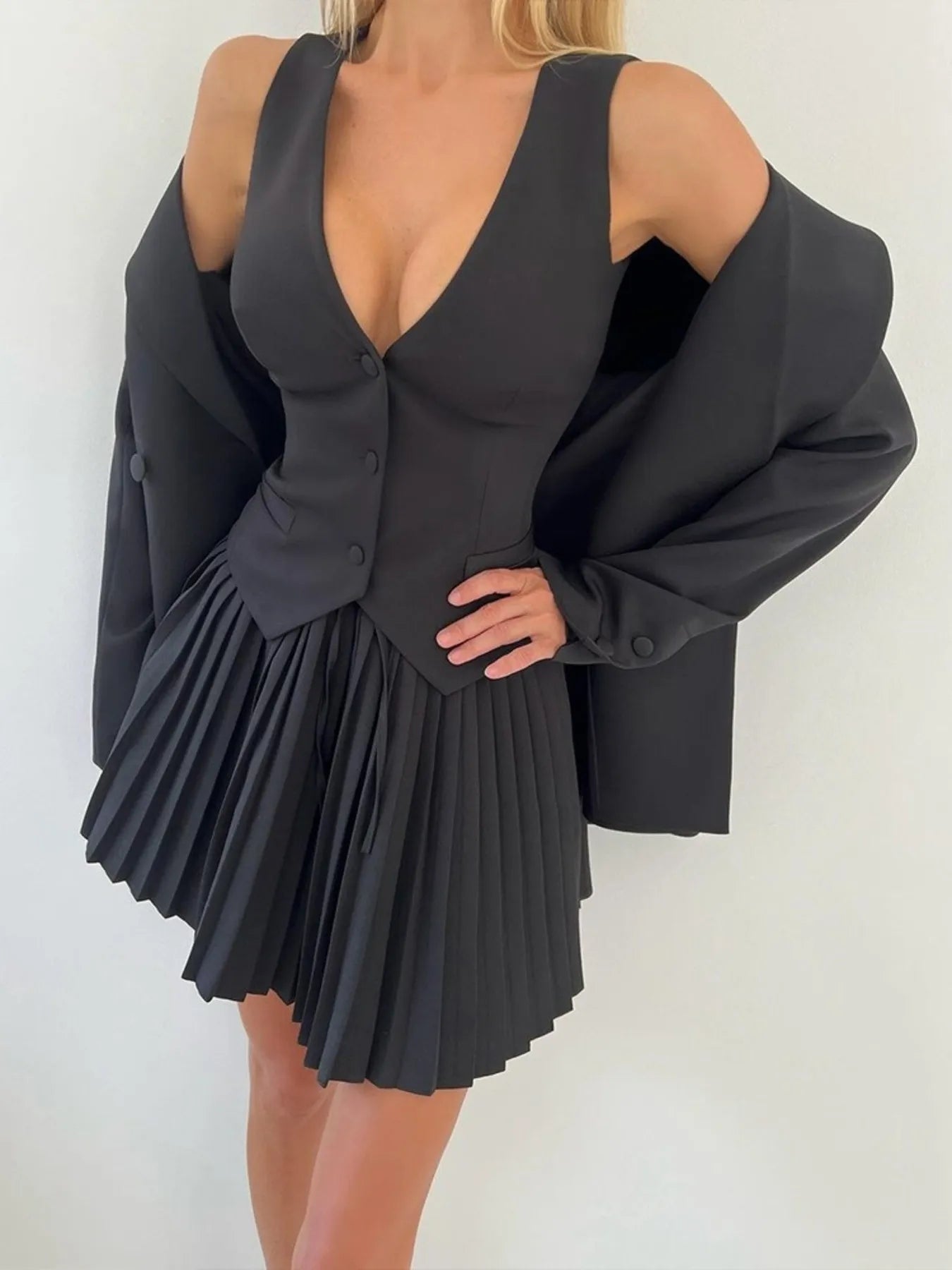 Button Up Vest and Pleated Mini Skirt Set See size chart under “more details” The Fashion Celestial