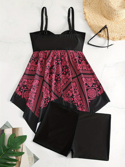 Plus Size Women's Printed Two-Piece Skirt Swimsuit, Sexy Printed Swimwear, Plus Size Style NovaCart