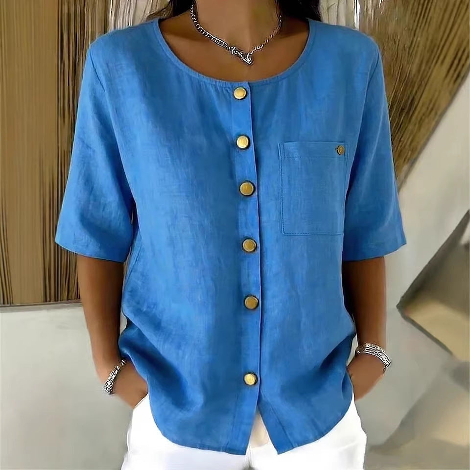 Crew-Neck 3/4 Sleeve Shirt with Metal Buttons – 7 Colors, S–3XL FitiqueFit