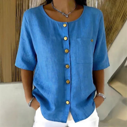 Crew-Neck 3/4 Sleeve Shirt with Metal Buttons – 7 Colors, S–3XL FitiqueFit