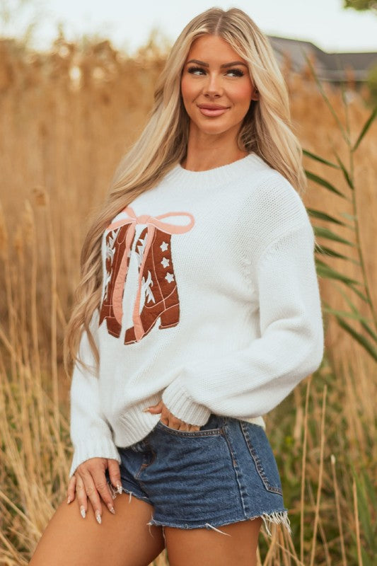 Western Bow Boots Embroidered Drop Shoulder Sweate Shop Style & More | Fresh Looks, Everyday Deals & Free Shipping