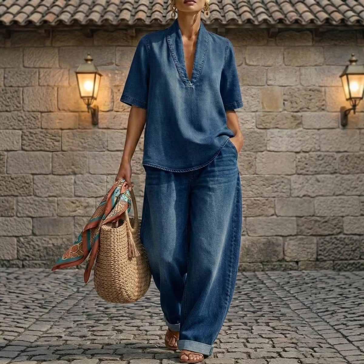 Retro V-Neck Washed Denim Top & Wide-Leg Pants Set – 3 Colors, S–3XL FitiqueFit