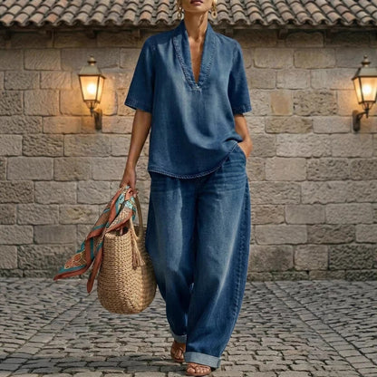 Retro V-Neck Washed Denim Top & Wide-Leg Pants Set – 3 Colors, S–3XL FitiqueFit