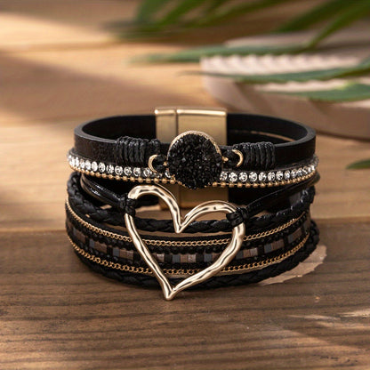 [Bohemian Heart Stone Bracelet] Bohemian Multi-Layer PU Leather Bracelet with Magnetic Clasp | Exaggerated Heart Stone Accent, Wide Cuff Statement Piece for Festival & Everyday, Style Layered Bangle - Year-Round Wear NovaCart