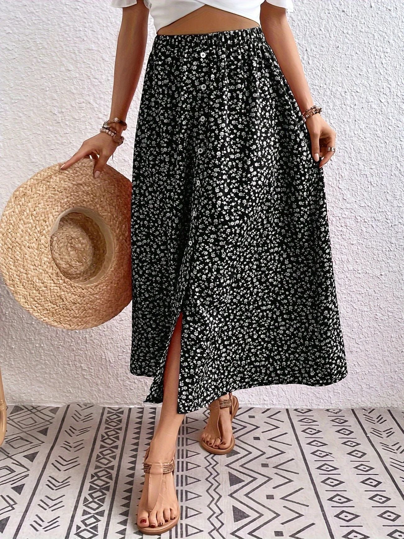 European And American Printed Breasted Self-tie Summer Pastoral A- Line Skirt Advanced Skirt Grayceful LLC