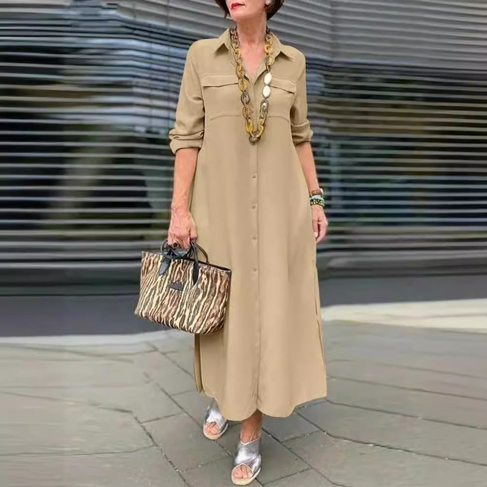 Elegant Solid Color Long Sleeve Button Lapel Dress Grayceful LLC