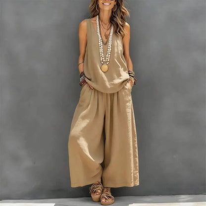 Women’s Cotton Linen Sleeveless Tank Top and Wide-Leg Pants Set FitiqueFit