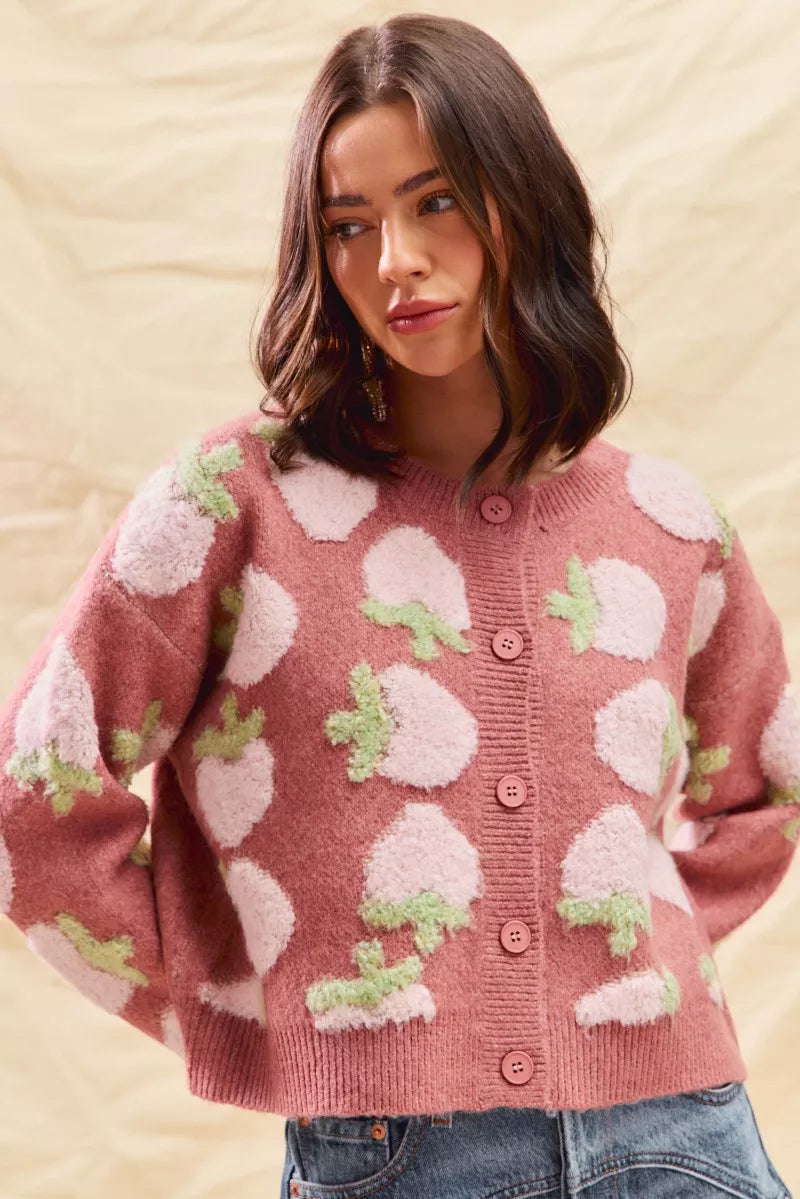 SO ME Strawberry Fruit All Over Button Sweater Cardigan FitiqueFit
