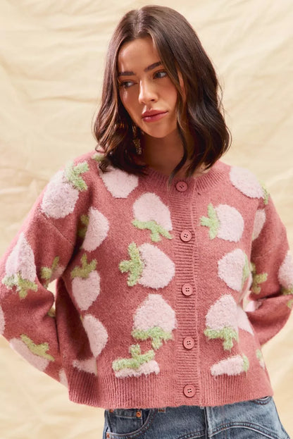SO ME Strawberry Fruit All Over Button Sweater Cardigan FitiqueFit