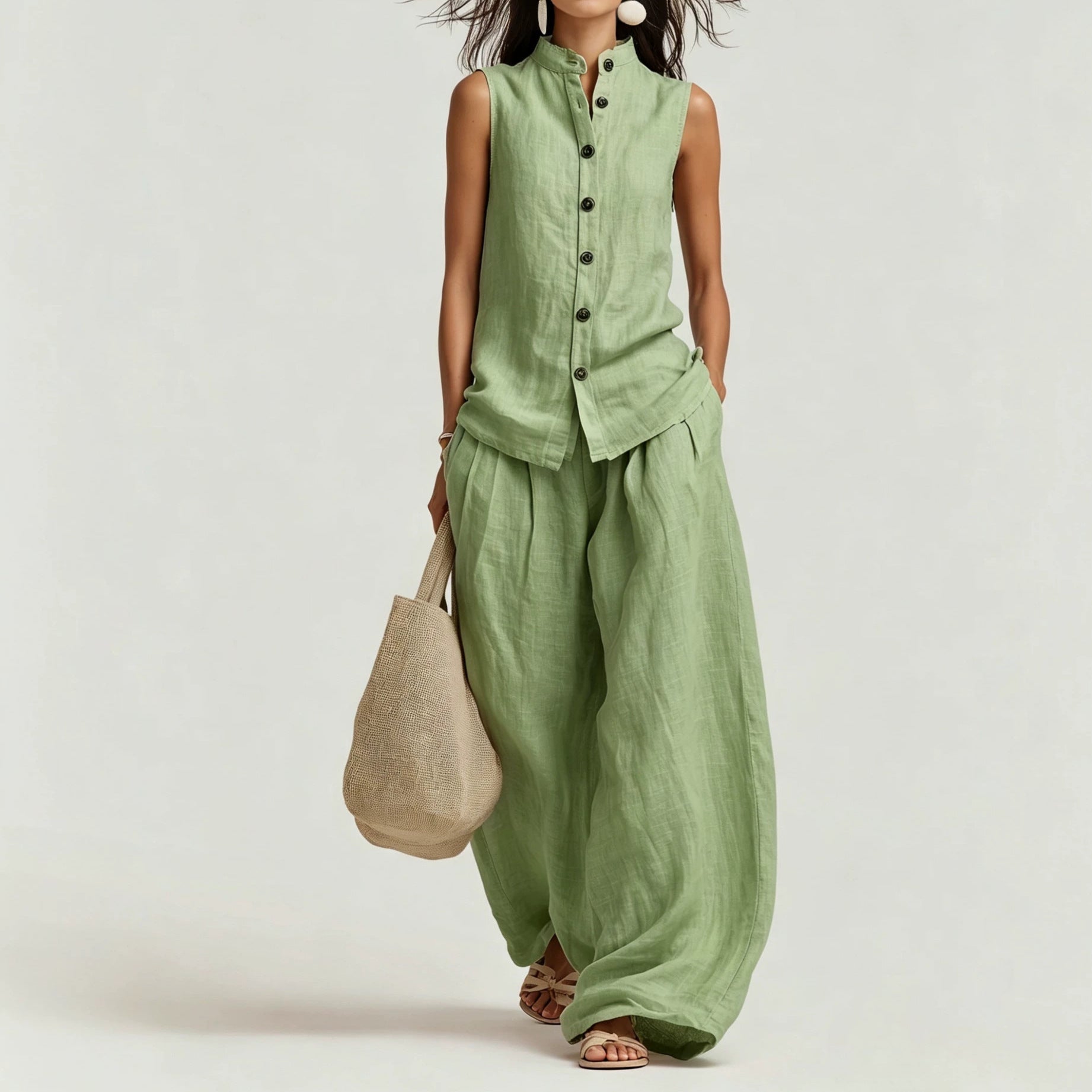 Women's Cotton-Linen Sleeveless Crewneck Vest & Pants Set FitiqueFit