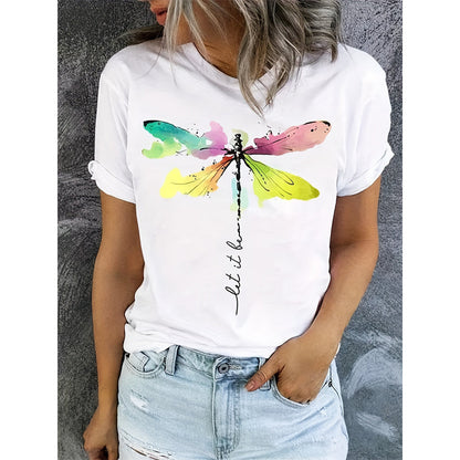 Short Sleeve T-Shirt Dragonfly Pattern Casual Round Neck Tee FitiqueFit