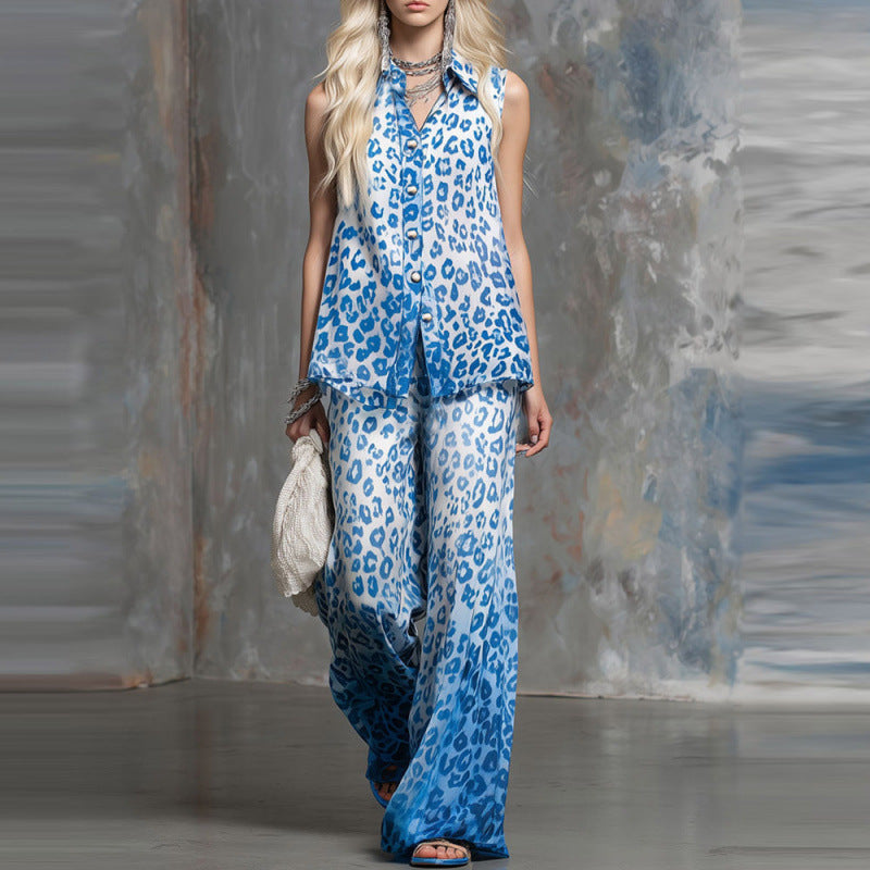 Loose-fit Leopard-print Sleeveless Shirt And Trousers Two-piece Set FitiqueFit