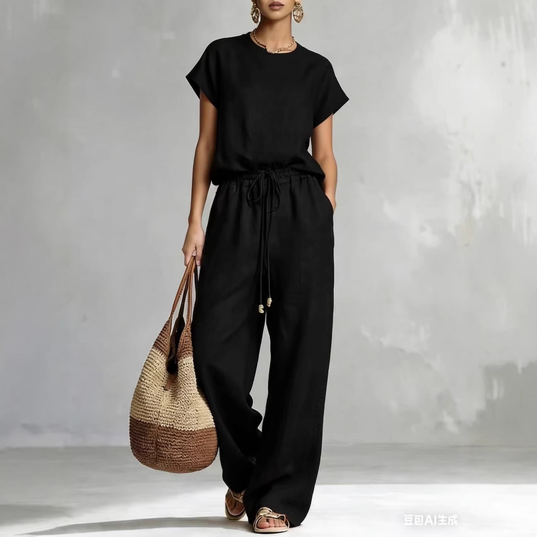 Women's Zip-Up Crew-Neck Top & Wide-Leg Pants Set FitiqueFit