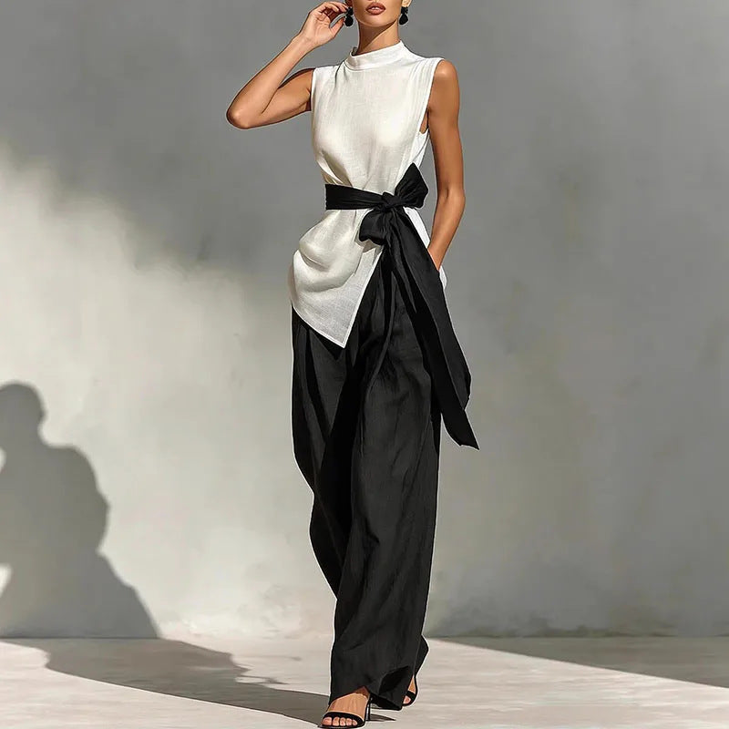 Women's Lace-Up Sleeveless Top & Wide-Leg Pants Set FitiqueFit