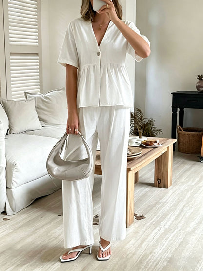 Women's V-Neck Loose Short-Sleeve Top & Wide-Leg Pants Set FitiqueFit
