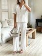 Women's V-Neck Loose Short-Sleeve Top & Wide-Leg Pants Set FitiqueFit
