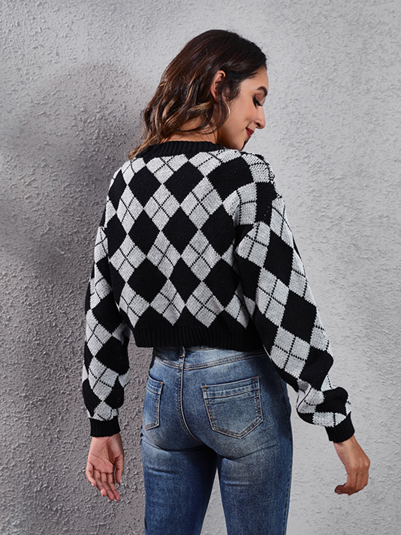 Women'S Elegant Tartan Knit Cardigan, V-Neck Short Length Sweater with Button Detail, Acrylic 100% Long Sleeve Knitwear for Fall/Winter NovaCart