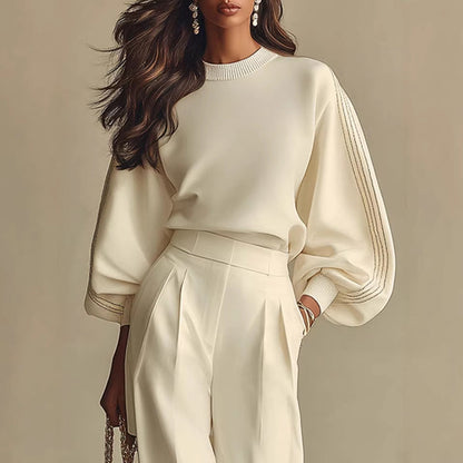 Women’s Round Neck Sweatshirt & Pants Set – Casual Long Sleeve Two-Piece Outfit FitiqueFit