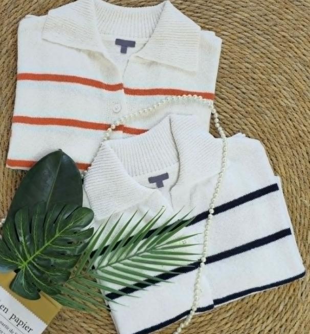 Women’s Knit Button Cardigan with Striped Short Sleeves FitiqueFit