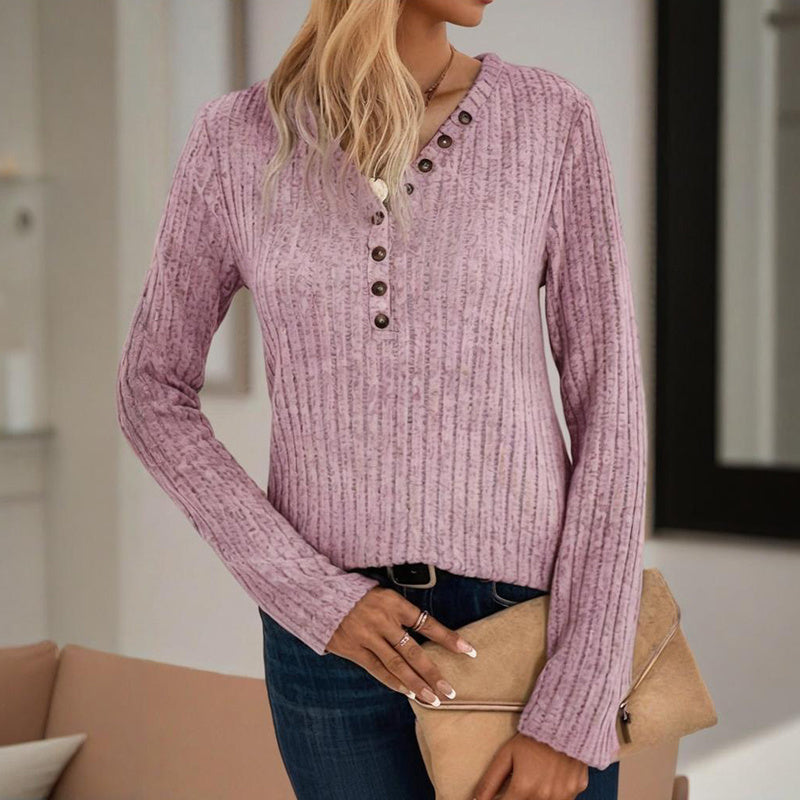 Women's Solid Color Button V-Neck Long Sleeve Knit Top FitiqueFit
