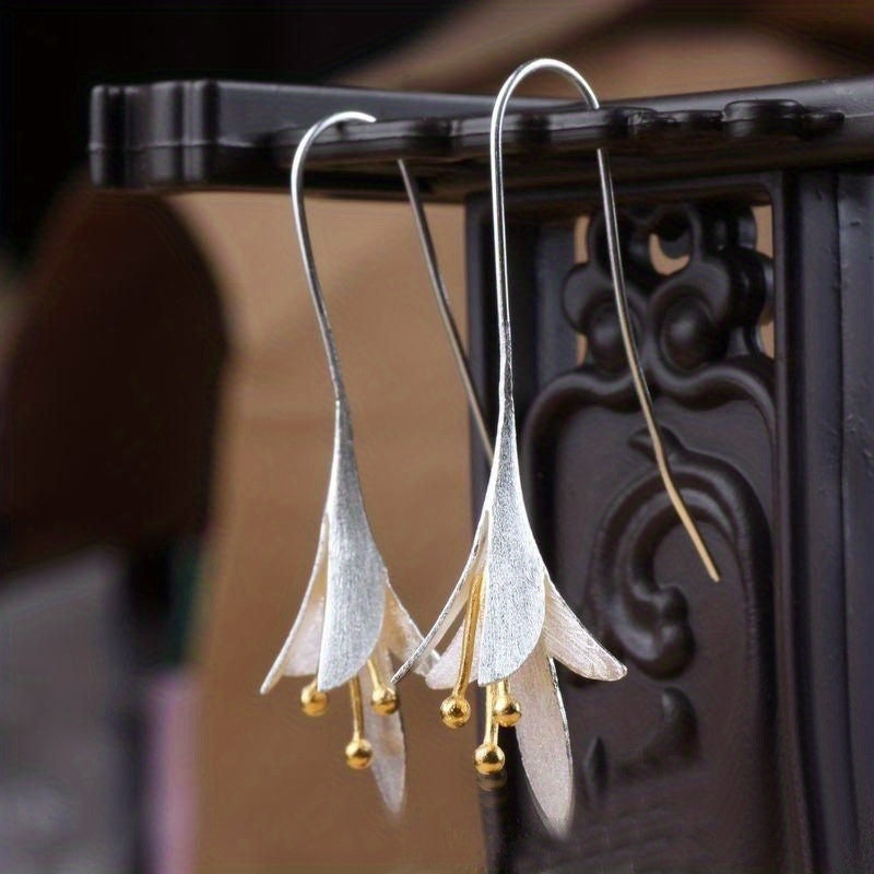 Female Fashion Vintage Blooming Flowers Two Tone Dangle Hanging Engagement Jewelry Earrings NovaCart