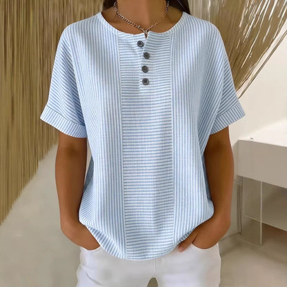 Women's Cotton Linen Striped T-Shirt – V-Neck, Button Detail, Loose Fit FitiqueFit