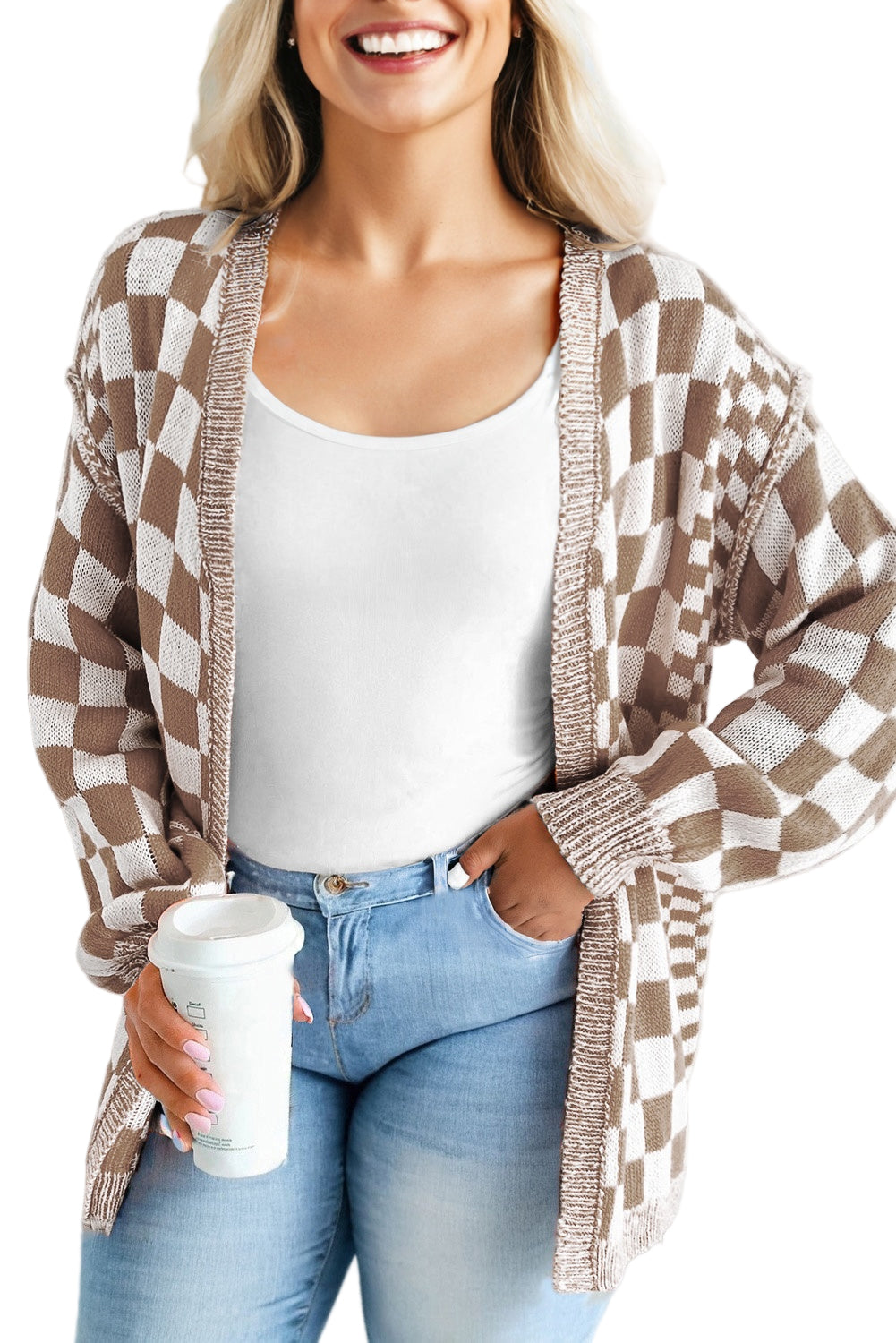 Orange Plus Size Checkered Bubble Sleeve Drop Shoulder Open Cardigan Garden Naked Curves