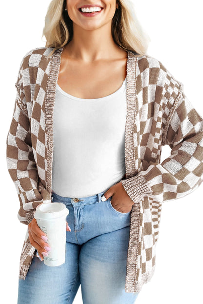 Orange Plus Size Checkered Bubble Sleeve Drop Shoulder Open Cardigan Garden Naked Curves