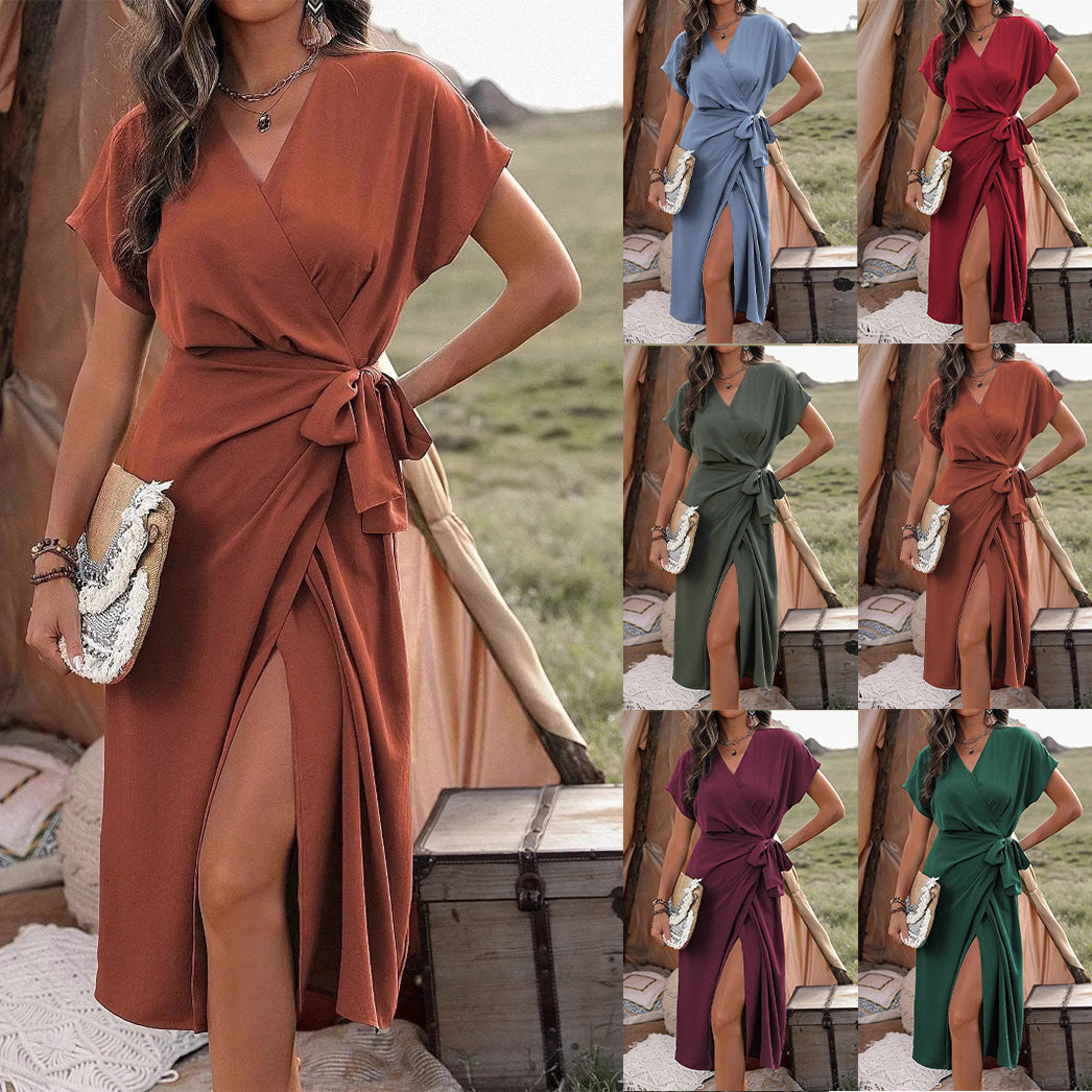 Commuting Fashion Forged Split Women's Solid Color Wrap Suspender Dress Grayceful LLC
