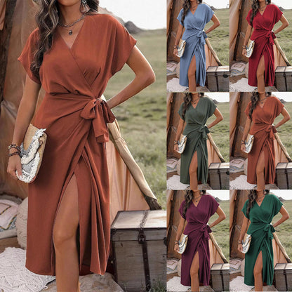Commuting Fashion Forged Split Women's Solid Color Wrap Suspender Dress Grayceful LLC