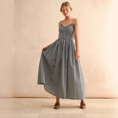 Women's Retro Plaid Sleeveless A-Line Maxi Dress – Fitted Waist Pleated Sundress FitiqueFit