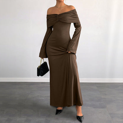 Brown Off-shoulder Slim Women's Dress Grayceful LLC