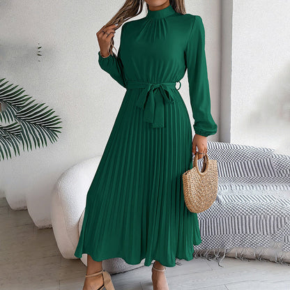 Elegant High Neck Long Sleeve Pleated Maxi Dress - Solid Color Flowy Dress For Women, Casual To Formal Wear Grayceful LLC