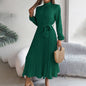 Elegant High Neck Long Sleeve Pleated Maxi Dress - Solid Color Flowy Dress For Women, Casual To Formal Wear Grayceful LLC
