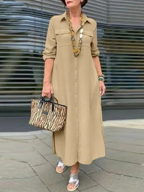 Elegant Solid Color Long Sleeve Button Lapel Dress Grayceful LLC