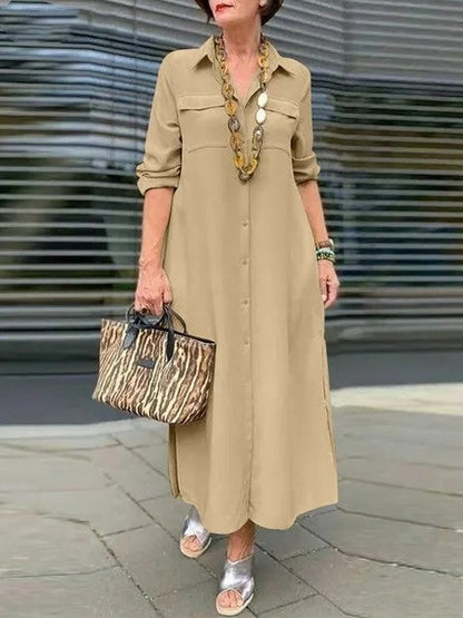 Elegant Solid Color Long Sleeve Button Lapel Dress Grayceful LLC