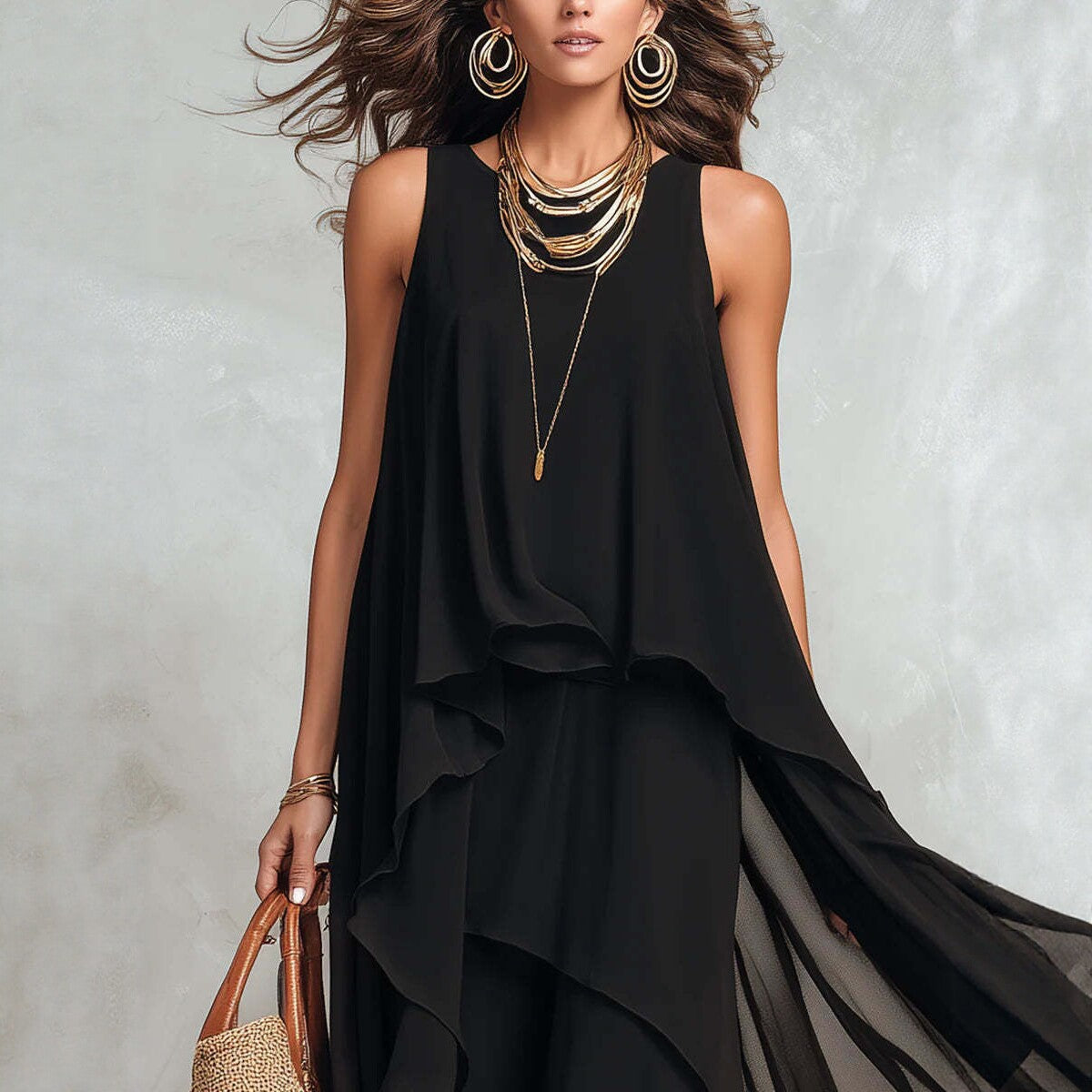 Asymmetrical Ruffle Mesh Chiffon Sleeveless Maxi Dress – Black, XS–XXL FitiqueFit