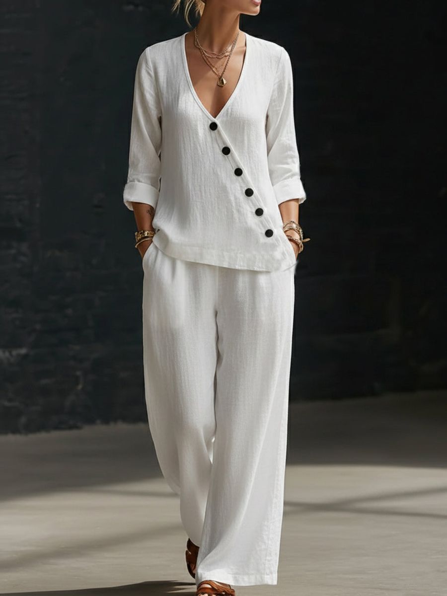 Women’s V-Neck Cross-Over Shirt and Wide-Leg Pants Set FitiqueFit