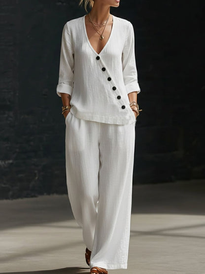 Women’s V-Neck Cross-Over Shirt and Wide-Leg Pants Set FitiqueFit