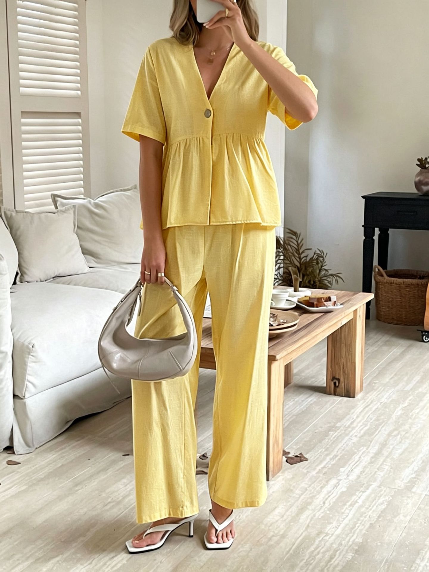Women's V-Neck Loose Short-Sleeve Top & Wide-Leg Pants Set FitiqueFit